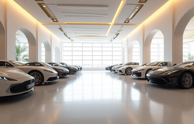 Elegant interior view of the Al Fakhama Luxury Cars showroom with luxury vehicles on display.