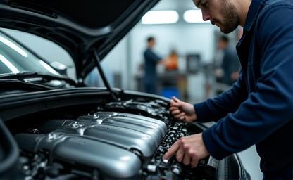 Technician working on a luxury car engine.