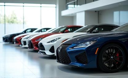 Row of luxury cars in showroom.